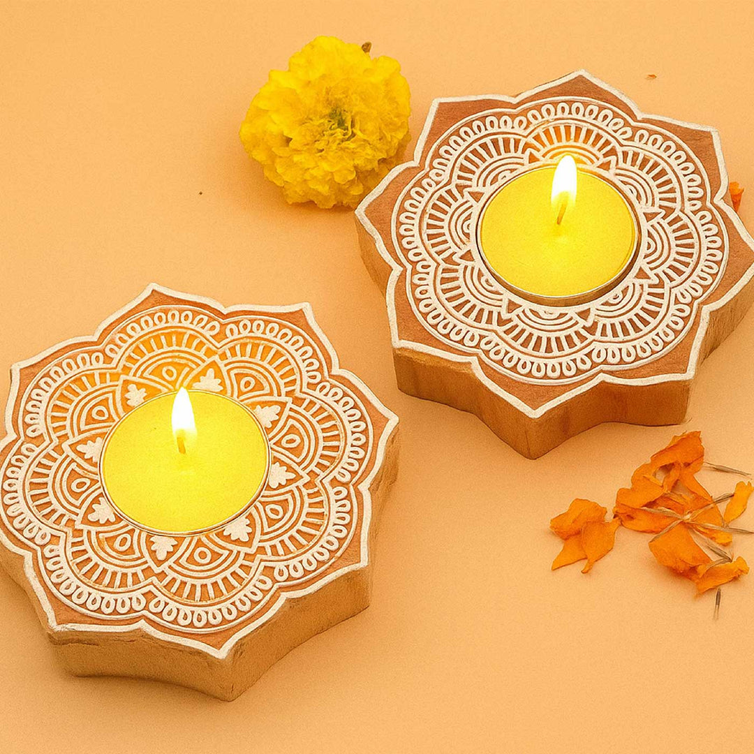 Set of 12 | Handmade Engraved Wooden Tealight Holder