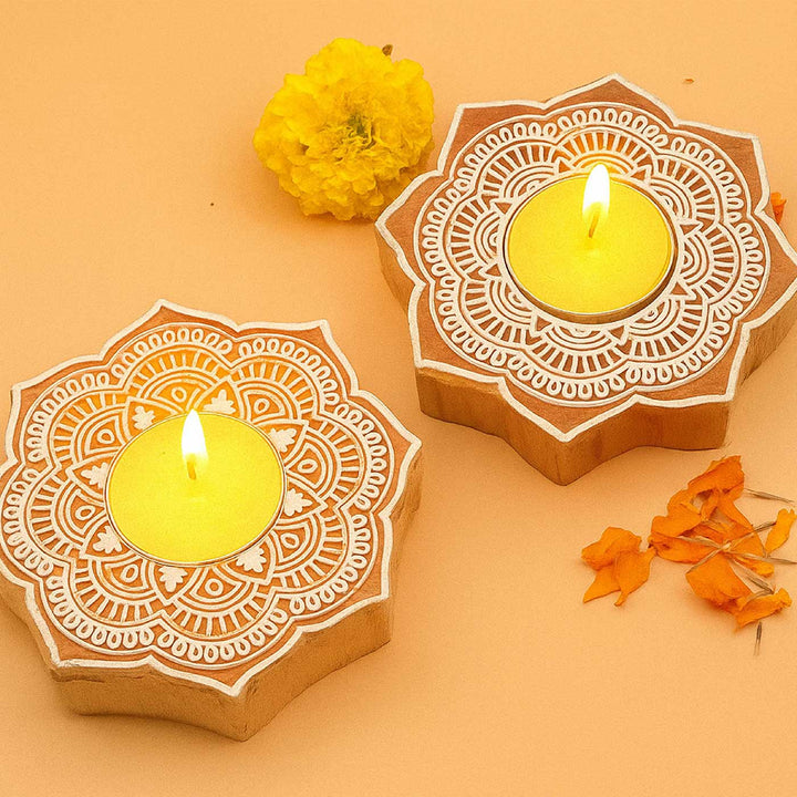 Set of 12 | Handmade Engraved Wooden Tealight Holder