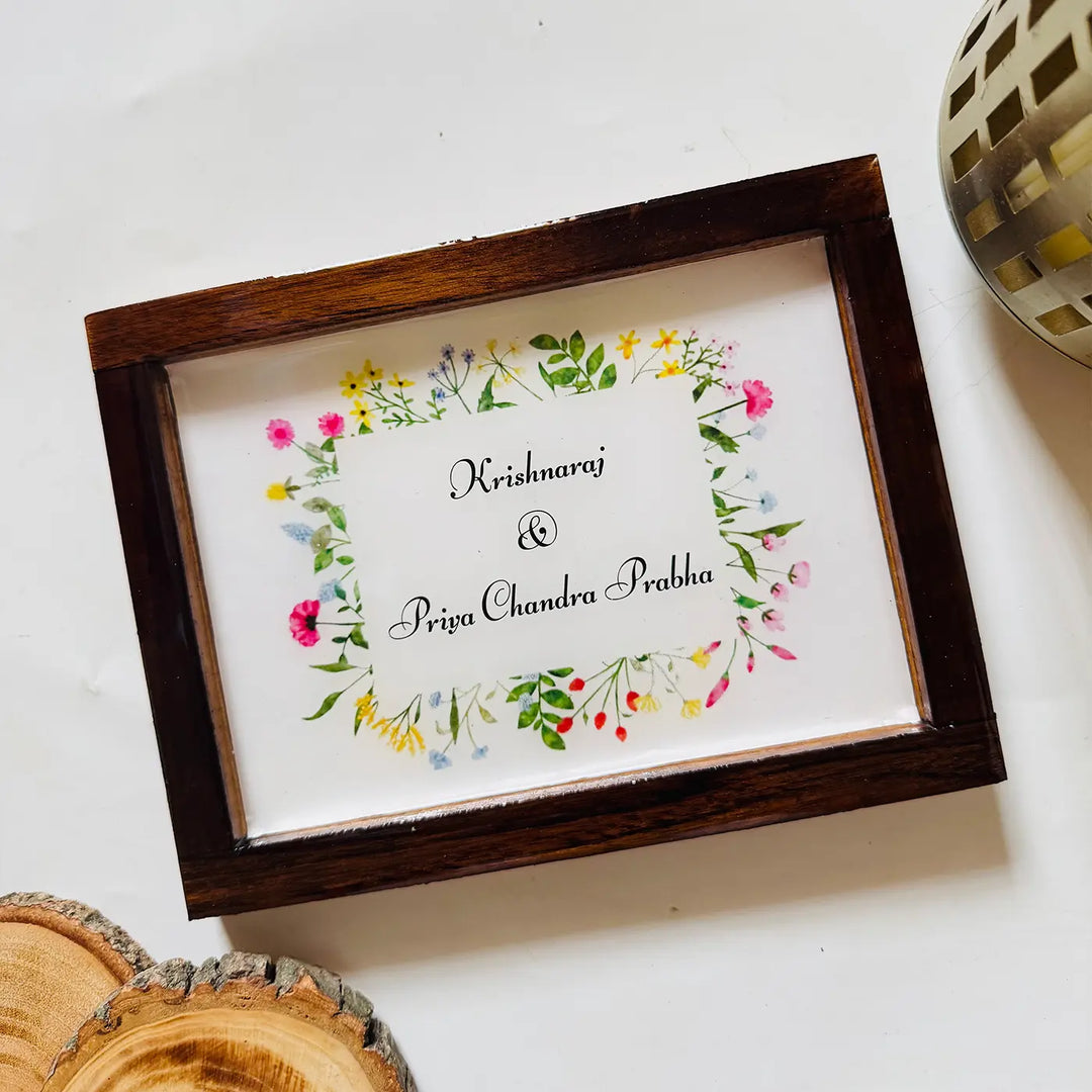 Personalized Floral Theme Minimalist Resin Name Plate With Teak Wood Frame