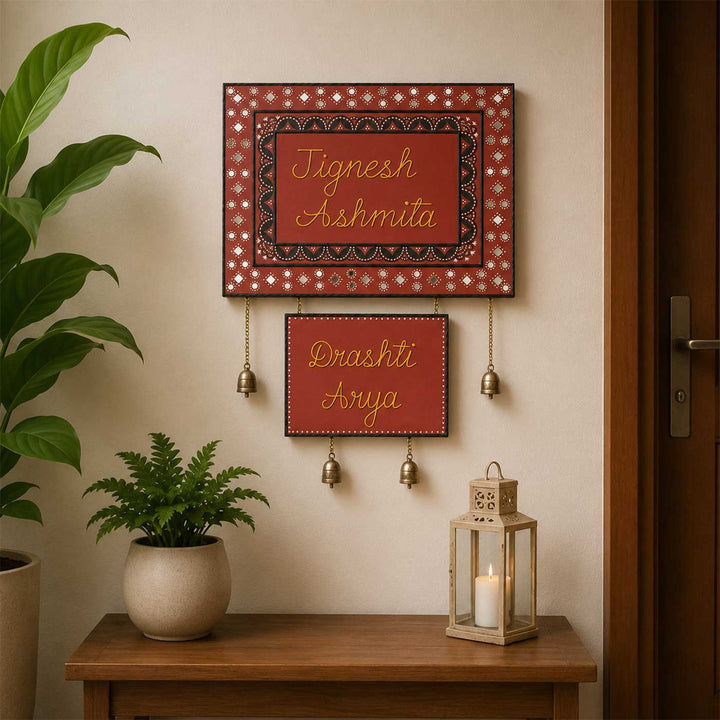 Personalized Handcrafted Lippan Art Hanging Bells MDF Name Plate For Home