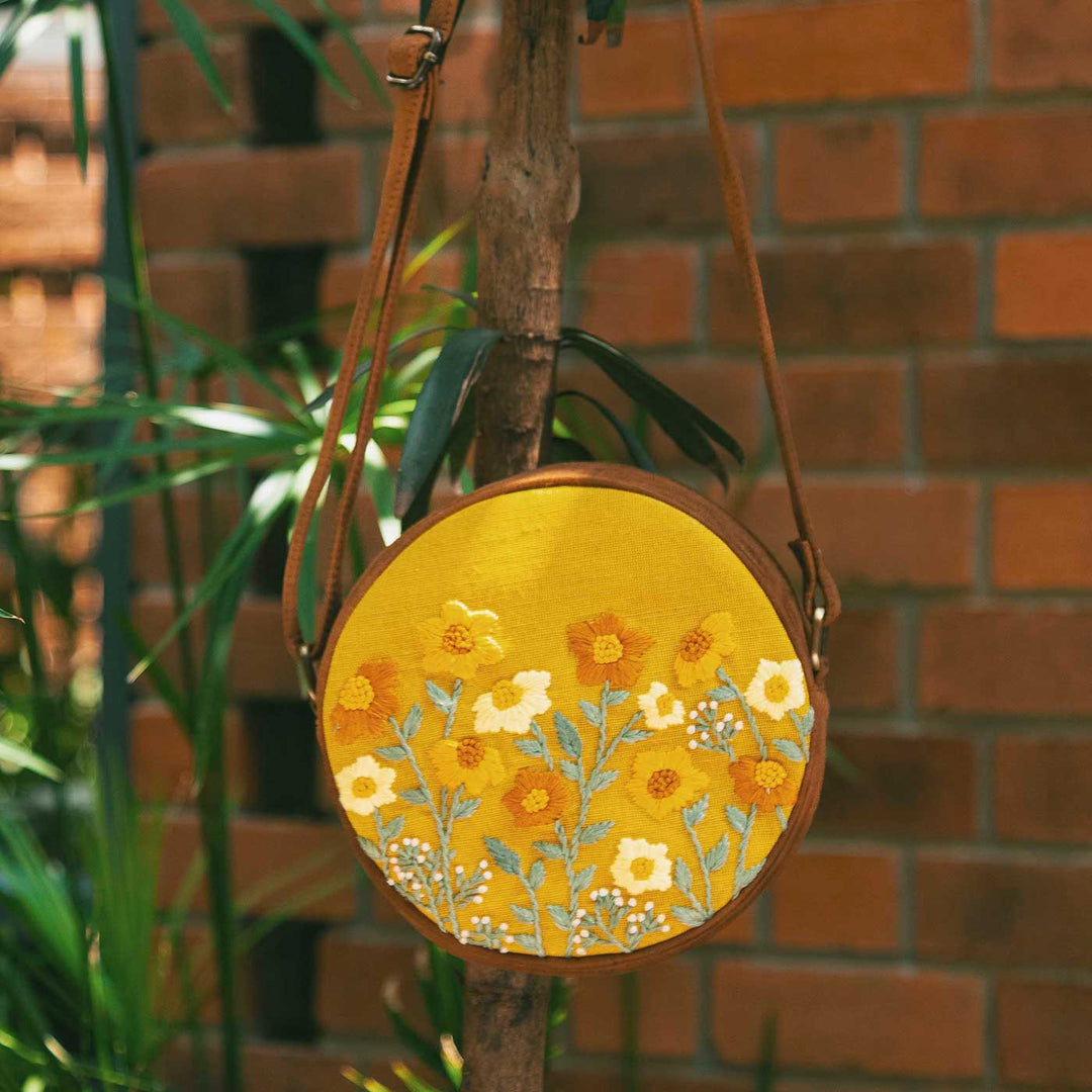 Personalized Embroidered Leafy Green Stud Round Sling Bag