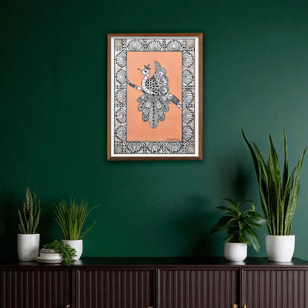8 x 5 Inch | Peacock In Four Frames | Original Hand Painted Madhubani Painting On Paper