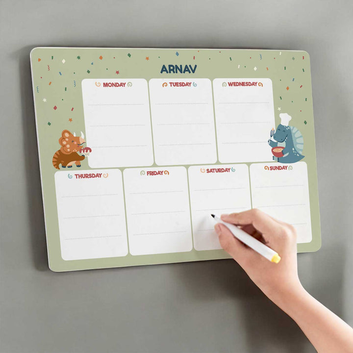 Personalized Dino Party Theme Wooden Meal Planner