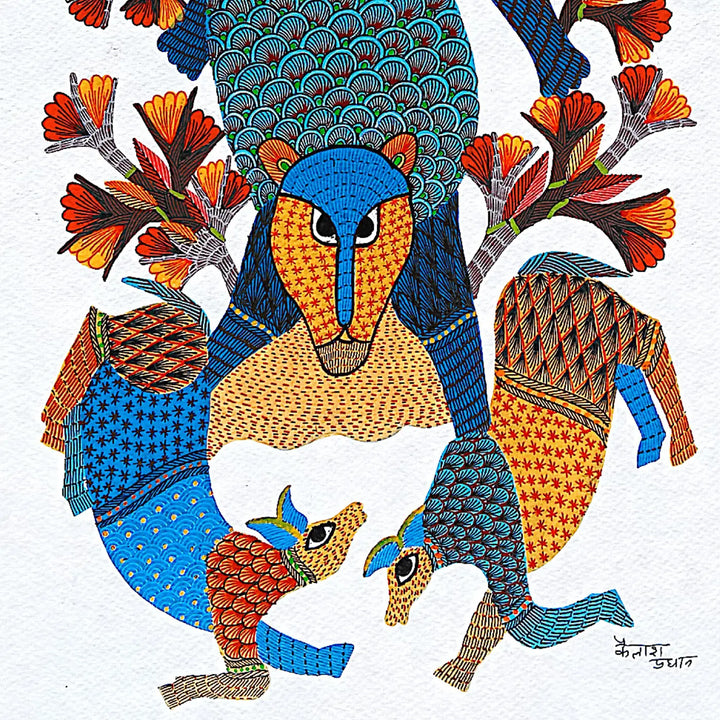 11 x15 Inch | Lion & Deer | Original Hand Painted Tribal Gond Art Painting | Acrylic Paints On Paper