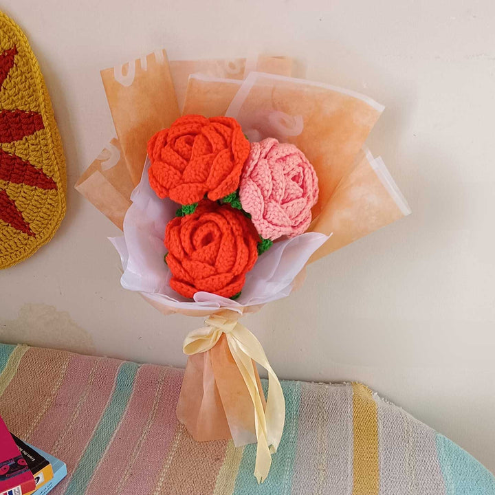 Handmade Crochet Orange Rhapsody Theme Flower Bouquet With Lights
