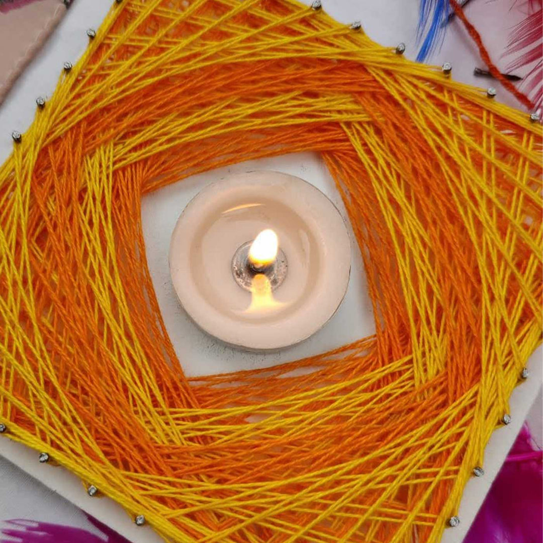 Handmade String Art Sunshine Design Wooden Tealight Holder With Tealight Candle