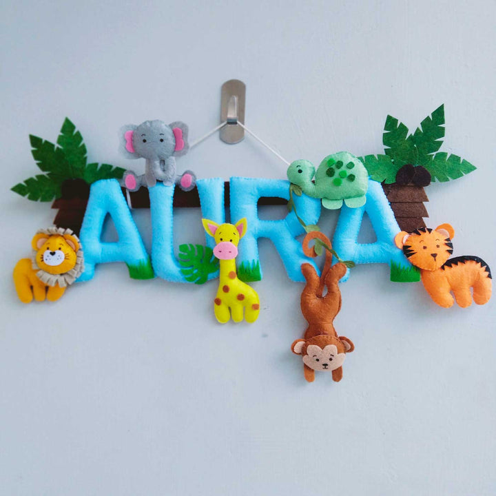 Personalized Blue Jungle Theme Felt Kids Name Plate