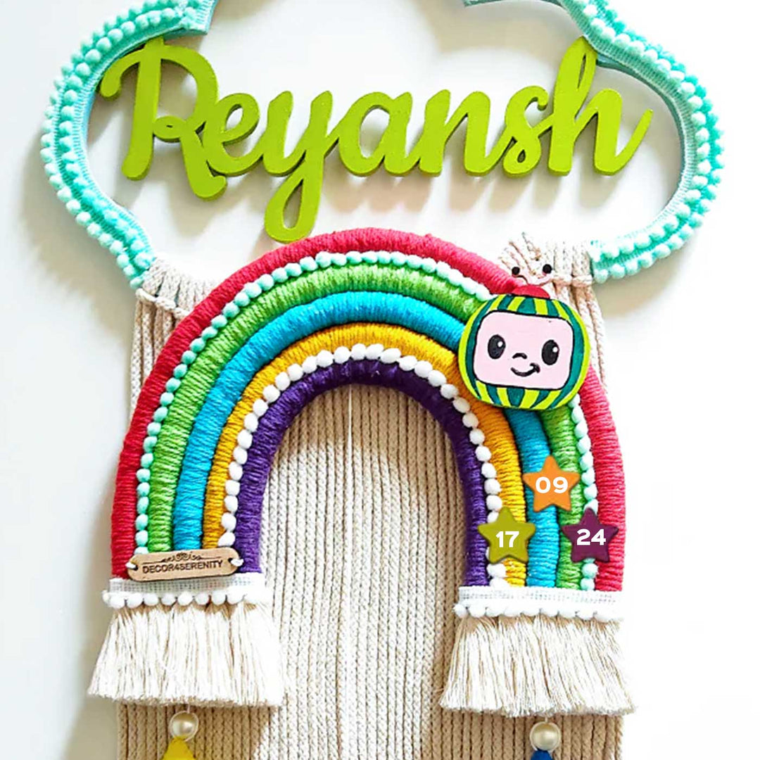 Macrame Cloud Rainbow With Cocomelon Personalized Kids Name Plate - Front View with Name Personalization