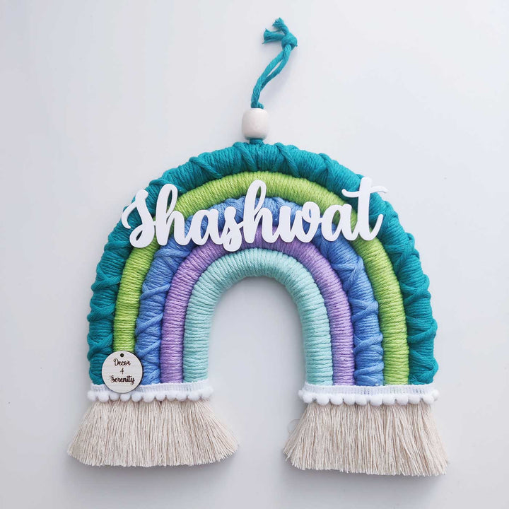 Personalized Handmade Macrame Green & Purple Rainbow Kids Name Plate With 3D Letters