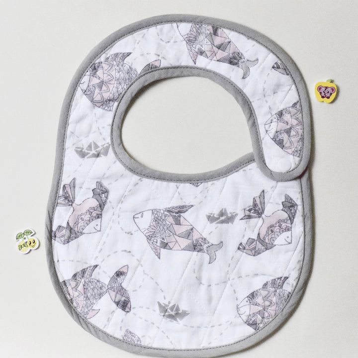 Block Printed Greyscale Aquarium Bib