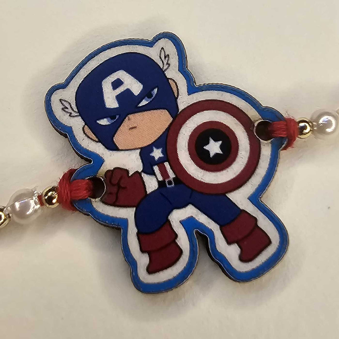 Handmade Avengers Captian America Mdf Wood Kids Rakhi With Roli Chawal - Close-up Angled View