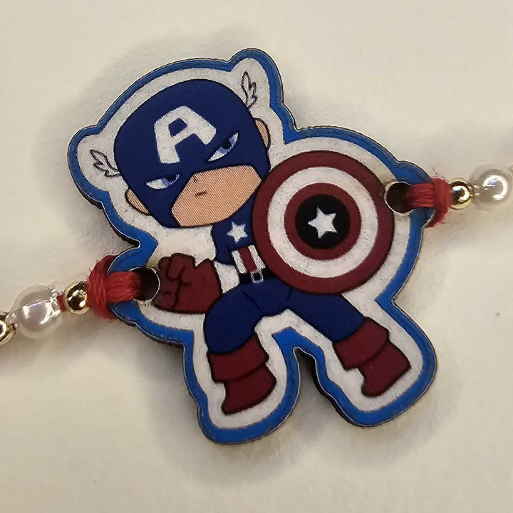 Handmade Avengers Captian America Mdf Wood Kids Rakhi With Roli Chawal - Close-up Angled View