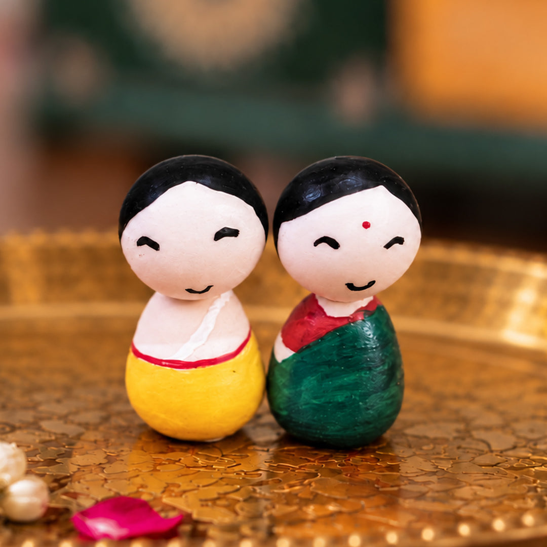 Set of 2 | Handmade Miniature Traditional Couple Clay Golu Dolls For Festive Decor