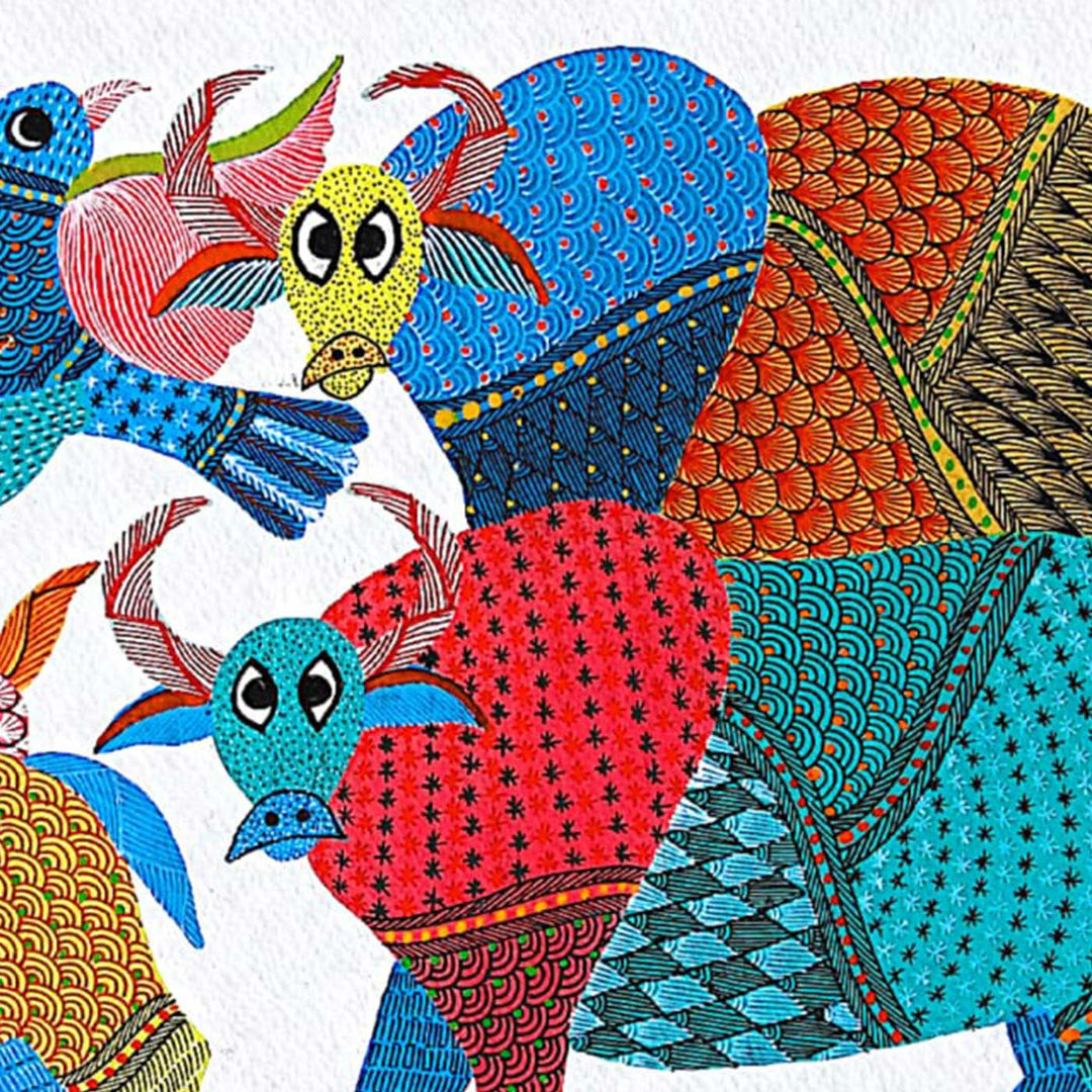 11 x 15 Inch | Colorful Cows and Birds in Harmony | Original Hand painted Tribal Gond Art Painting | Acrylic Paints On Paper