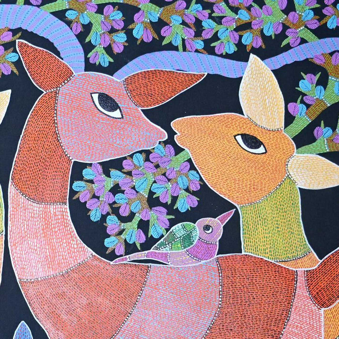 15 x 22 Inch | Birds & Deers | Original Hand Painted Tribal Gond Art Painting | Acrylic Paints On Canvas