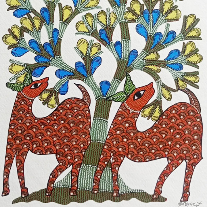 11 x 16 Inch | Two Deer Under Tree | Original Hand Painted Tribal Gond Art Painting | Acrylic Paint On Paper