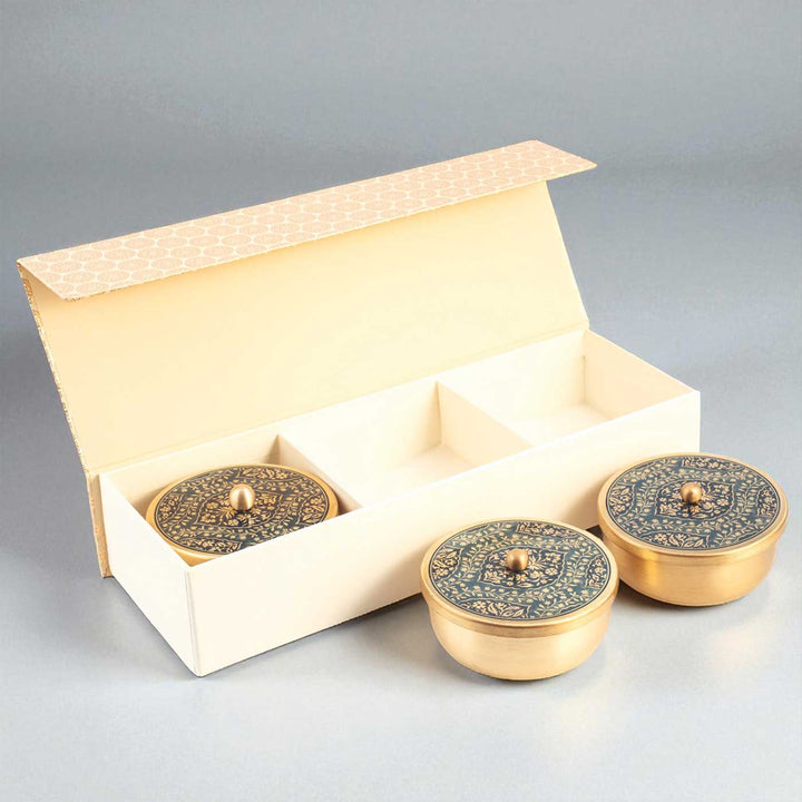 Hand-Painted Omkar Brass Gift Hamper | Includes 3 Containers And 1 Gift Box