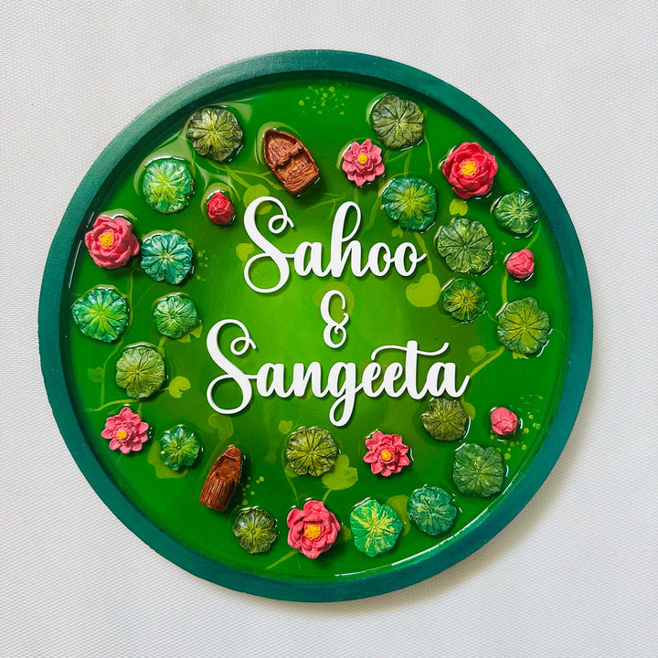 Lily Pond 3D Realistic Personalized Round Resin & Wooden Name Plate With Acrylic Letters For Home