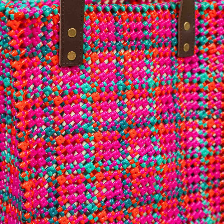 Checkered Pink & Blue Mukhya Knot Handmade Koodai Tote Bag