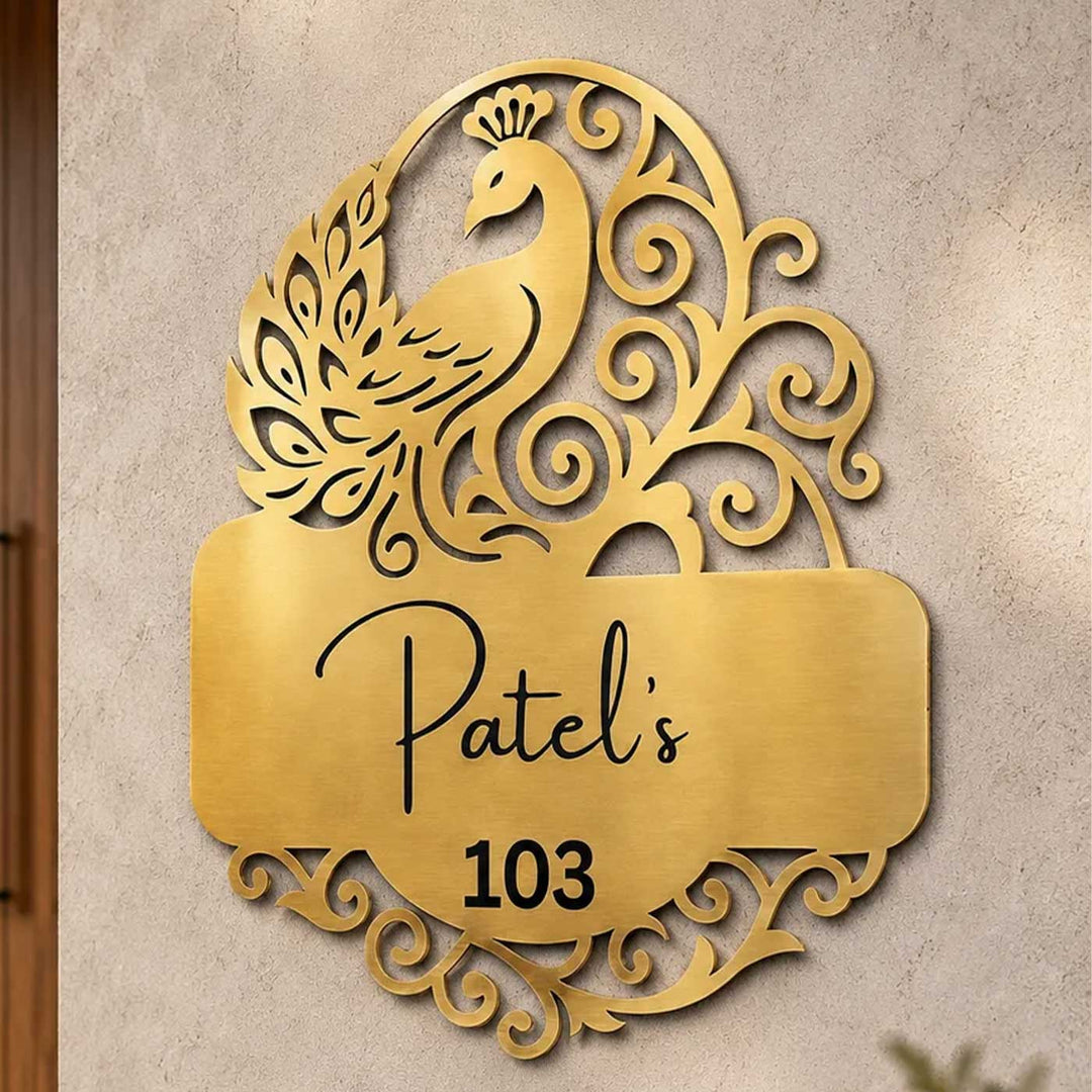 "Royal Plume" Personalized Weatherproof Stainless Steel Name Plate With Peacock Motif For Home