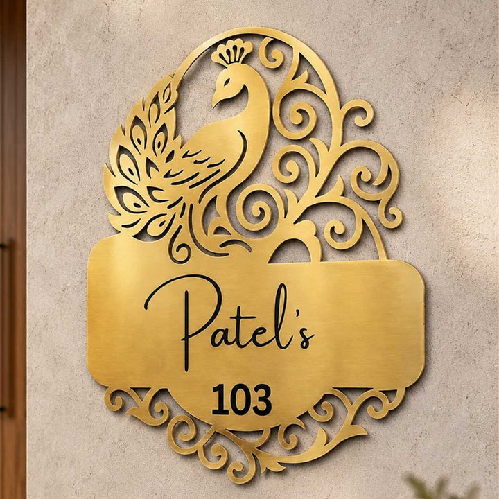 "Royal Plume" Personalized Weatherproof Stainless Steel Name Plate With Peacock Motif For Home