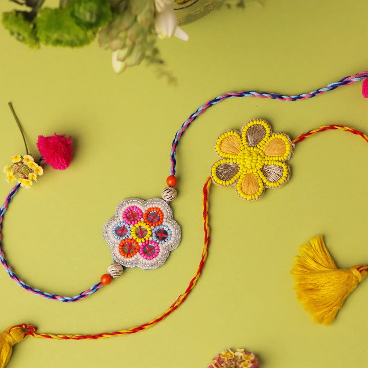 Handmade Beaded Floral Rakhi With Roli Chawal | Set Of 2