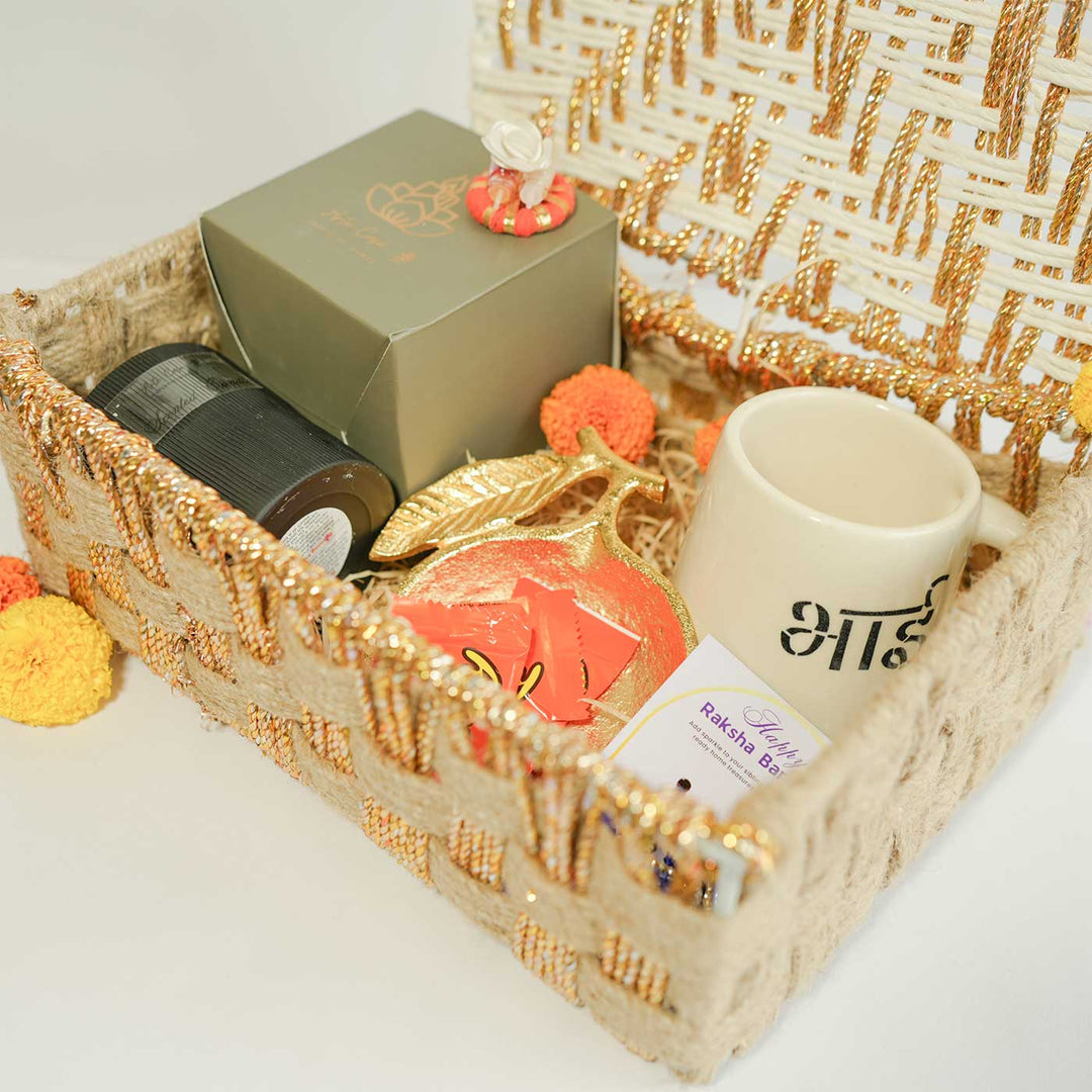 Personalized Handmade Rakhi Hamper | Includes 1 Basket, 1 Mug, 1 Candle, 1 Serving Bowl, 2 Rakhis, 1 Roli Chawal & 1 Message Card