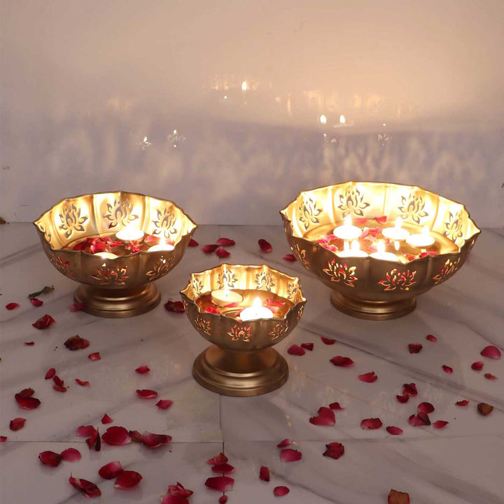 Set of 3 | Handmade Detachable Etched Lotus Cut Bowl Urli With Base For Festive Decor