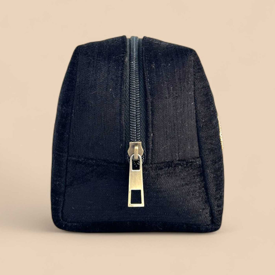 Personalized Handmade Embroidered Gold Letters Solid Black Pouch