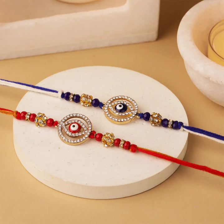 Handmade Red & Blue Evil Eye Rakhi With Roli Chawal | Set Of 2