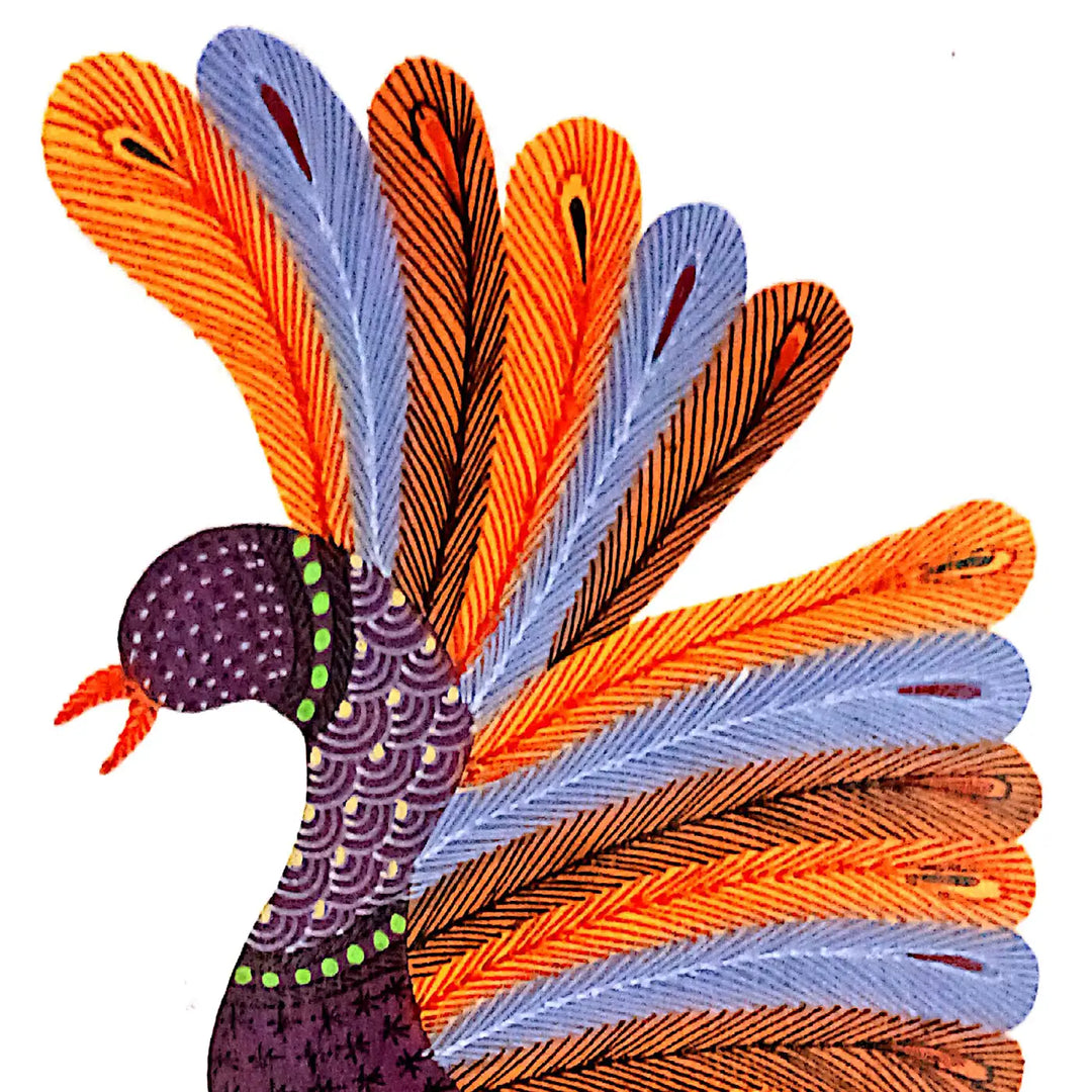6 x 8 Inch | Dancing Peacock | Original Hand painted Tribal Gond Art Painting | Acrylic Paints On Paper