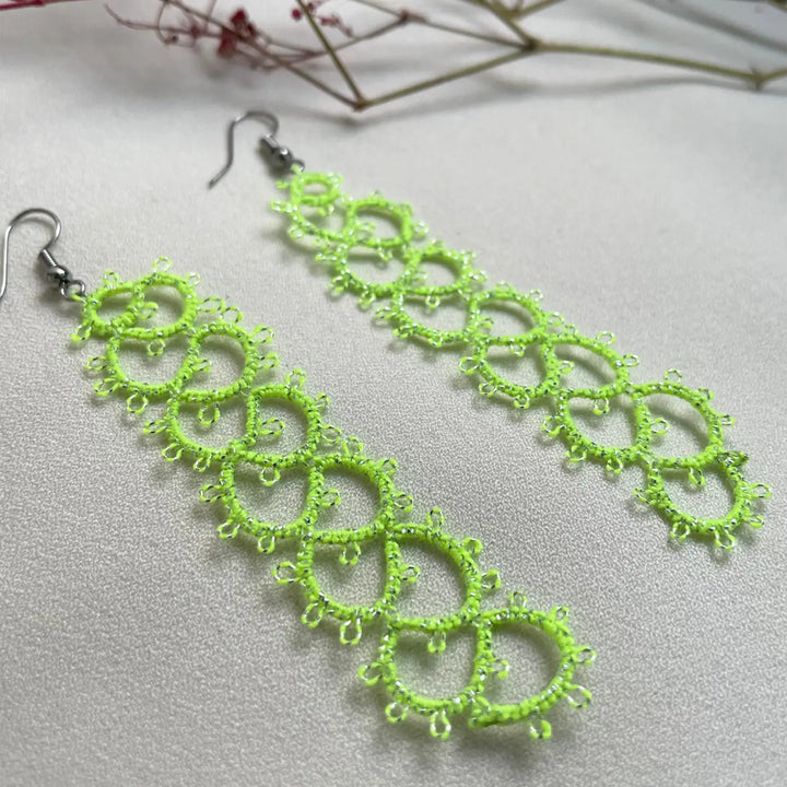 Handmade Tatting Green Ladder Pattern Cotton Metallic Earrings
