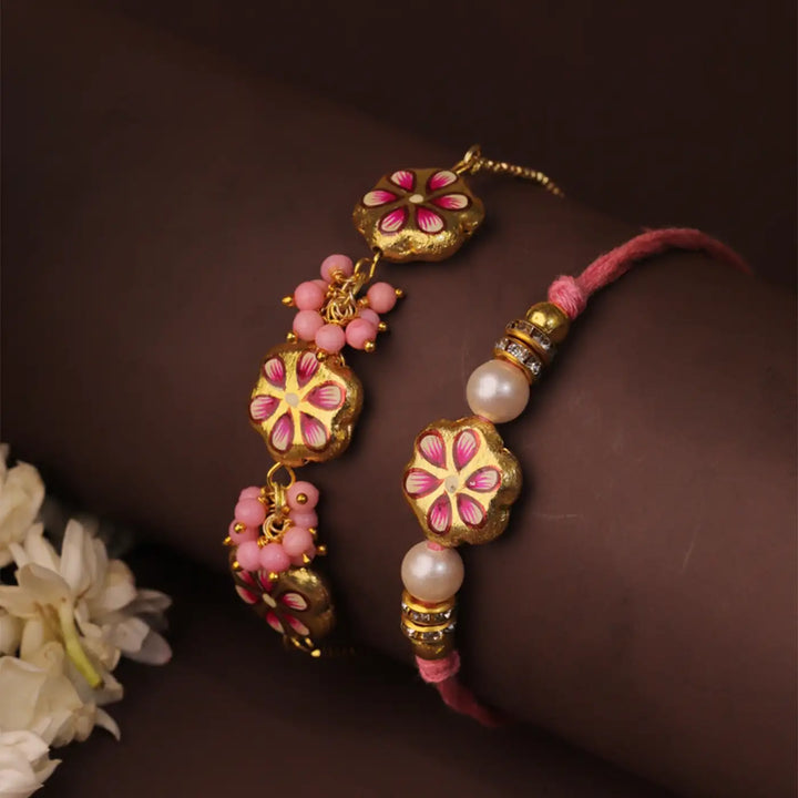 Handmade Floral Meenakari Bhaiya Bhabhi Rakhi With Roli Chawal | Set Of 2