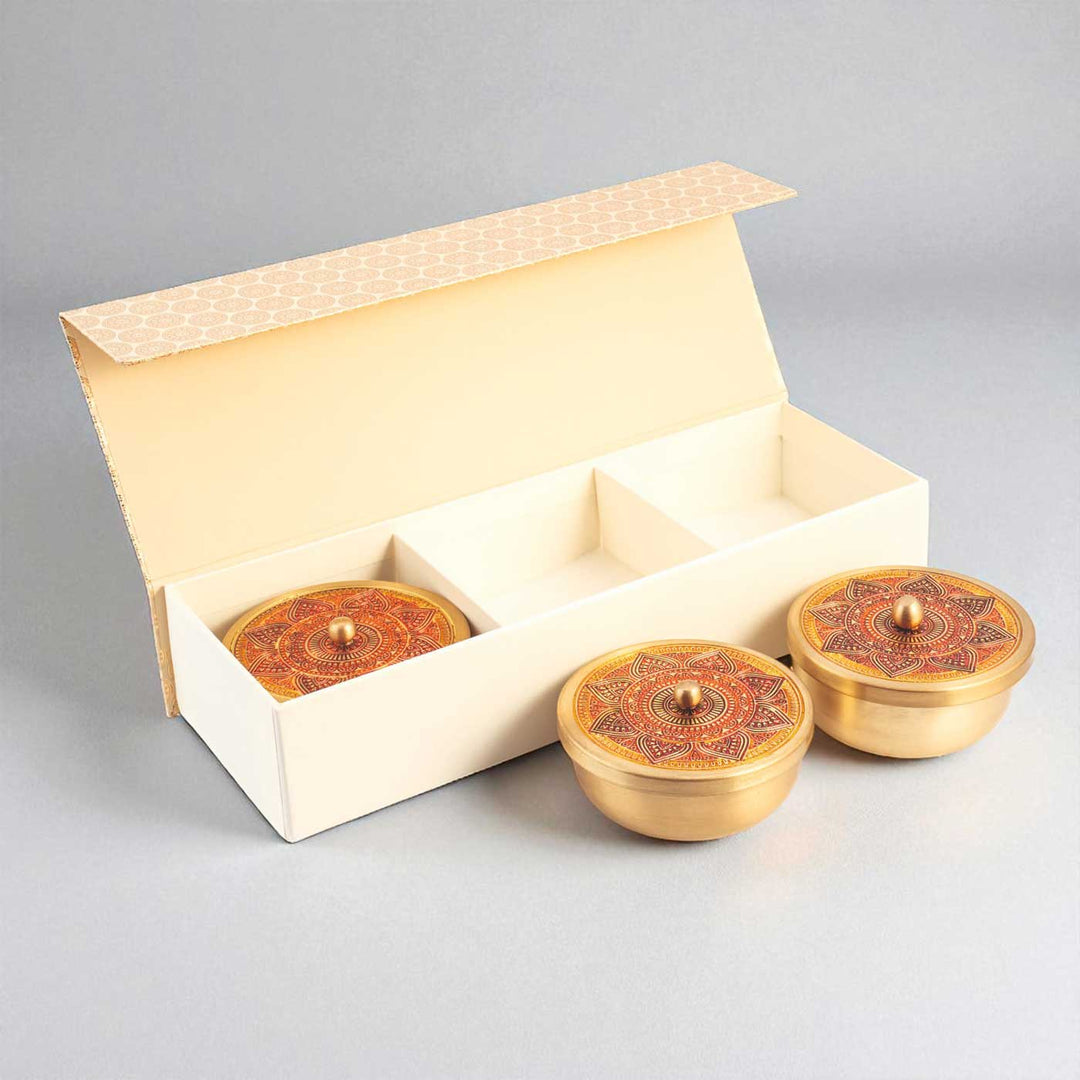 Hand-Painted Puri Brass Gift Hamper | Includes 3 Containers And 1 Gift Box