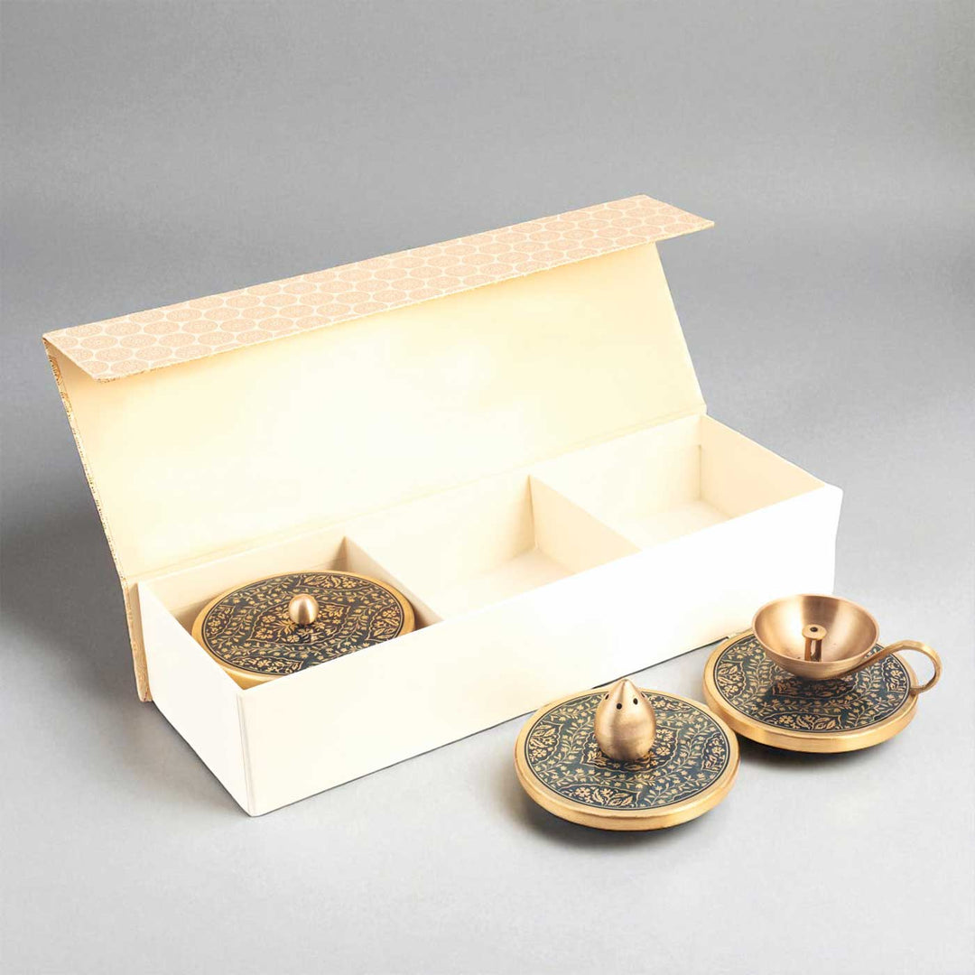 Hand-Painted Omkar Brass Gift Hamper | Includes 1 Diya, 1 Incense Holder, 2 Containers And 1 Gift Box