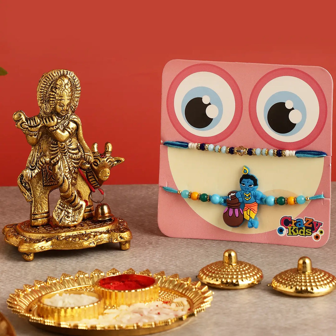 Handmade Krishna Rakhi Hamper | Includes 1 Krishna Idol, 2 Rakhis, 1 Roli Chawal