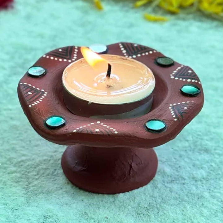Set of 6 | Natural Finish Hand-Painted Flower-Shaped Terracotta Diya Tealight Holders For Festive Decor