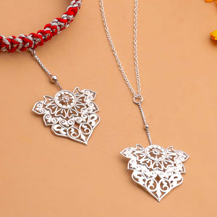 Handmade Ornate Filigree Design Silver Lumba Rakhi For Bhabhi - Front View of Rakhi and Pendant