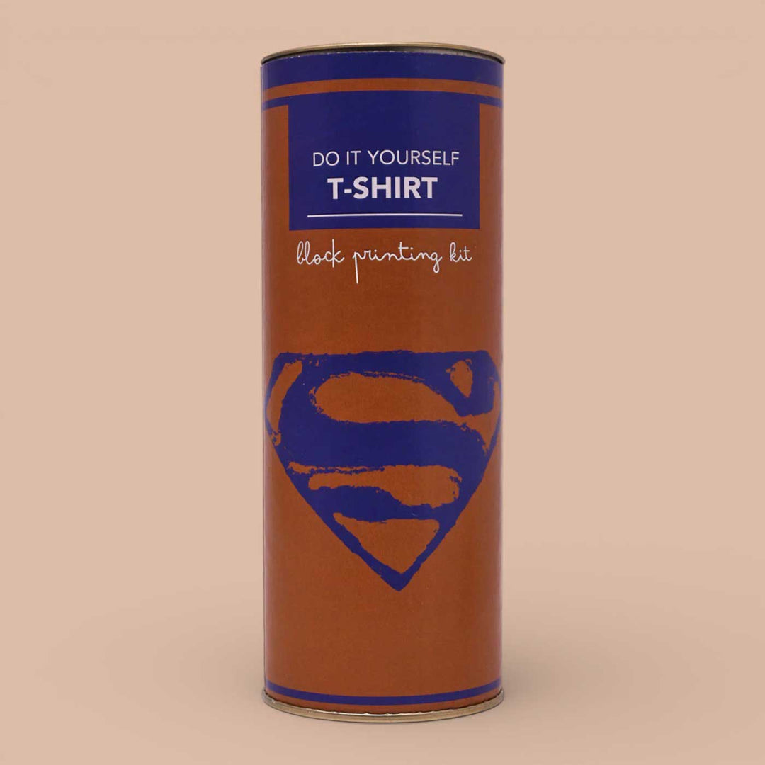 Superman Design T-shirt Block Print DIY Kit | 1 White Cotton T-shirt, 1 Fabric Paint And 1 Wooden Block