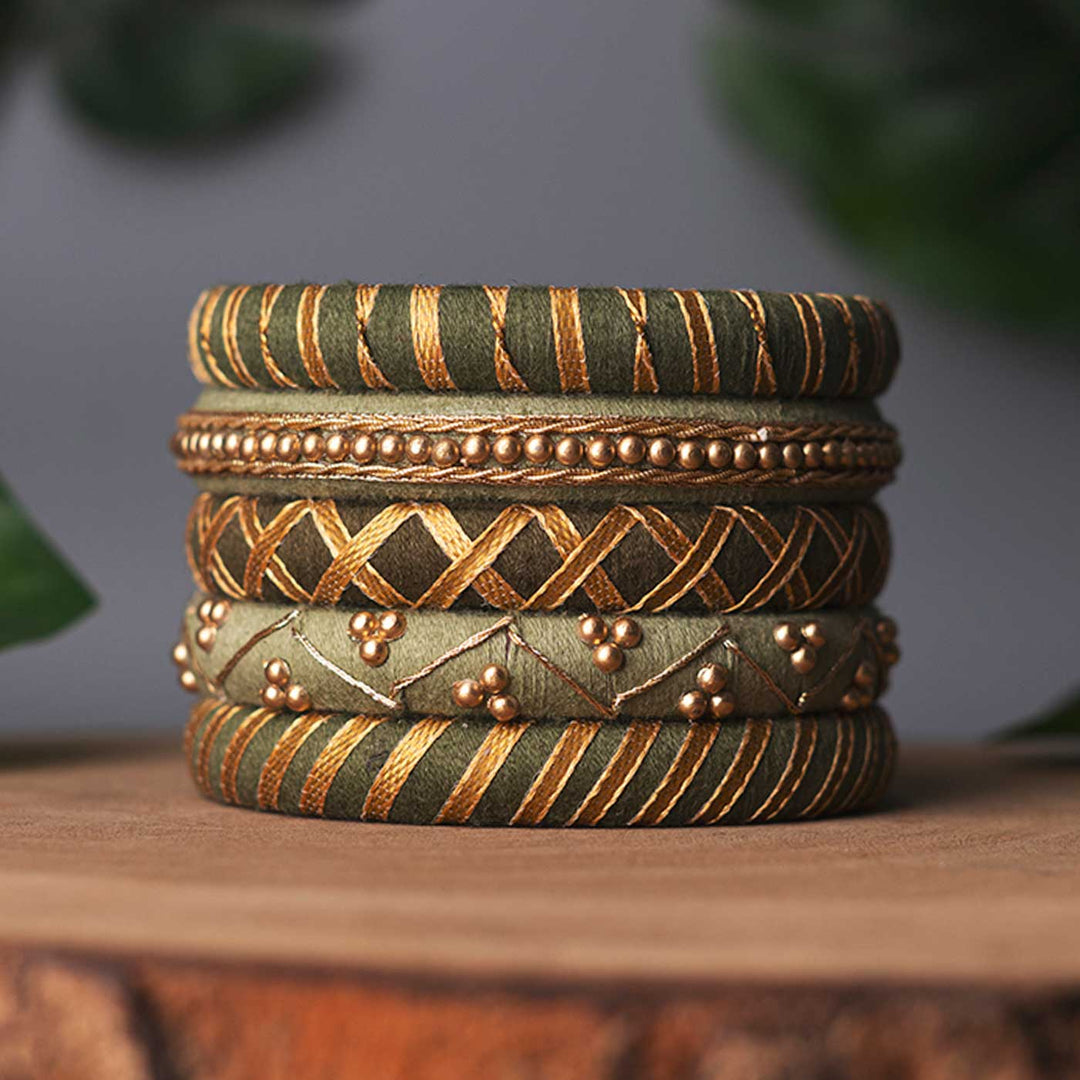 Green Handcrafted Beaded Gotta Patti Bangles | Set of 5