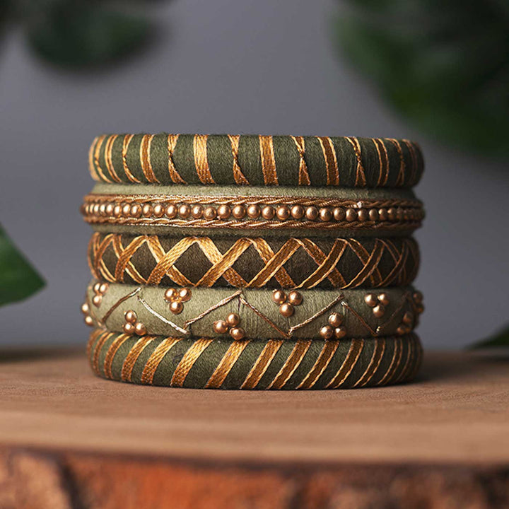 Green Handcrafted Beaded Gotta Patti Bangles | Set of 5