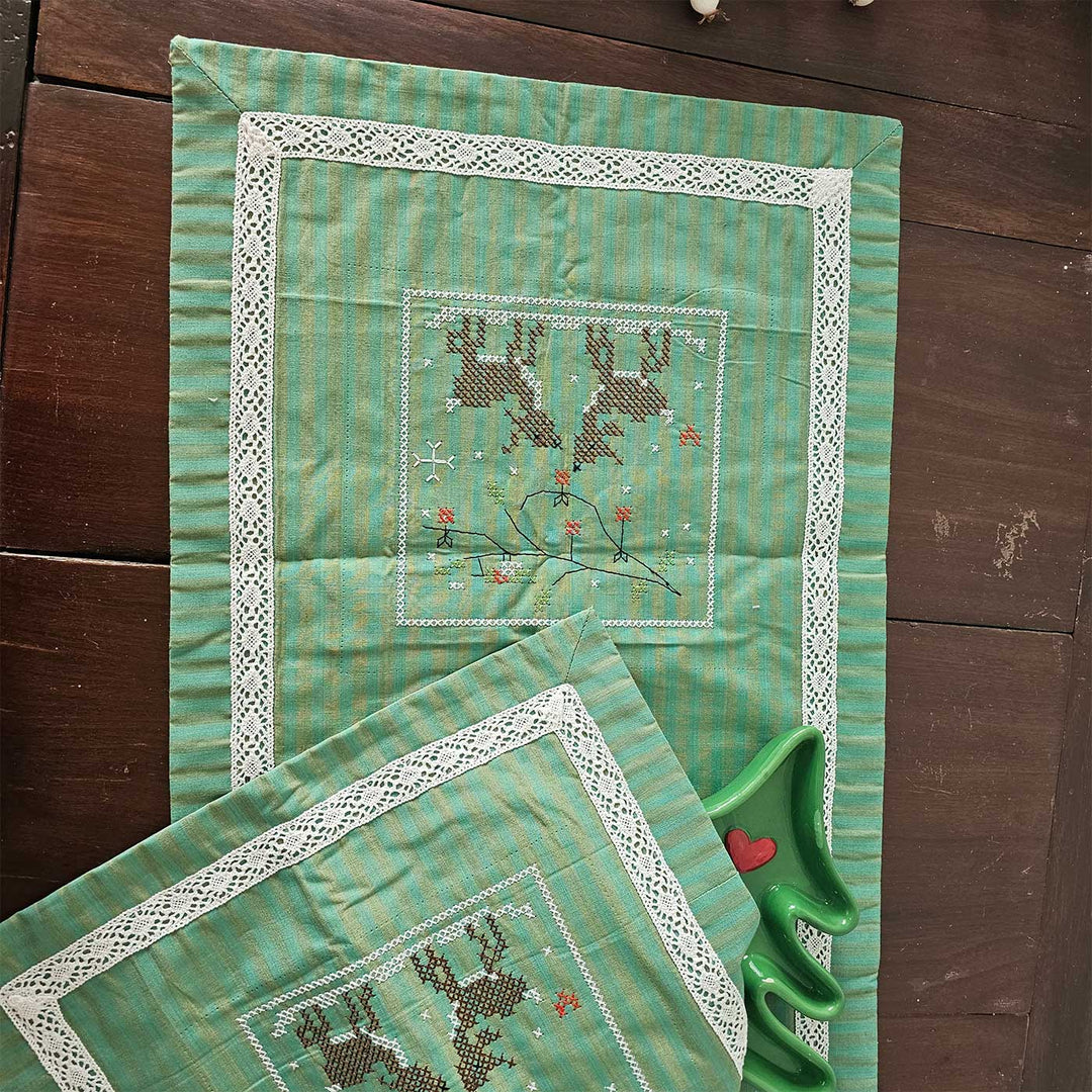Handmade Lace Embroidered Reindeer Tales Green Table Runner
