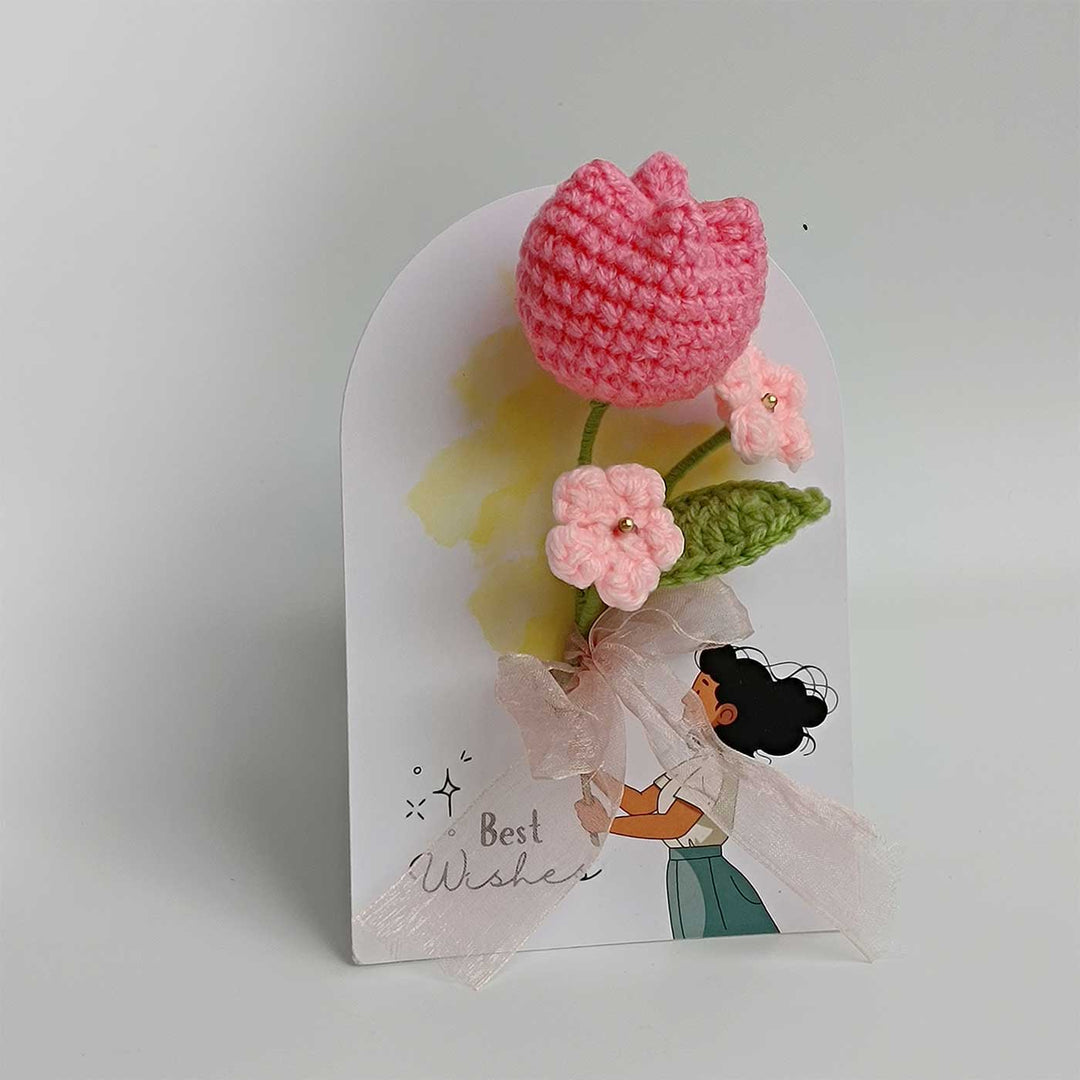 Handmade Crochet 3D Pink Tulip Greeting Card