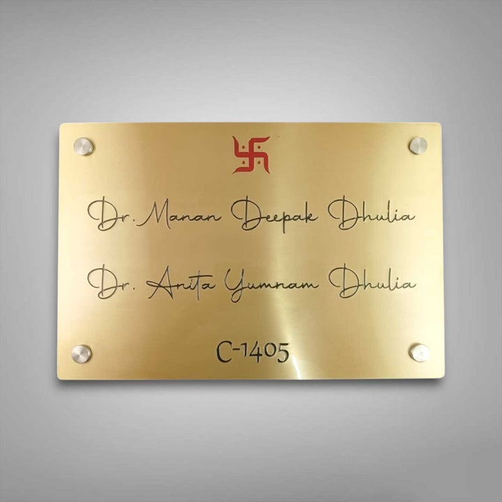 Personalized Weatherproof Swastik Theme Stainless Steel Name Plate