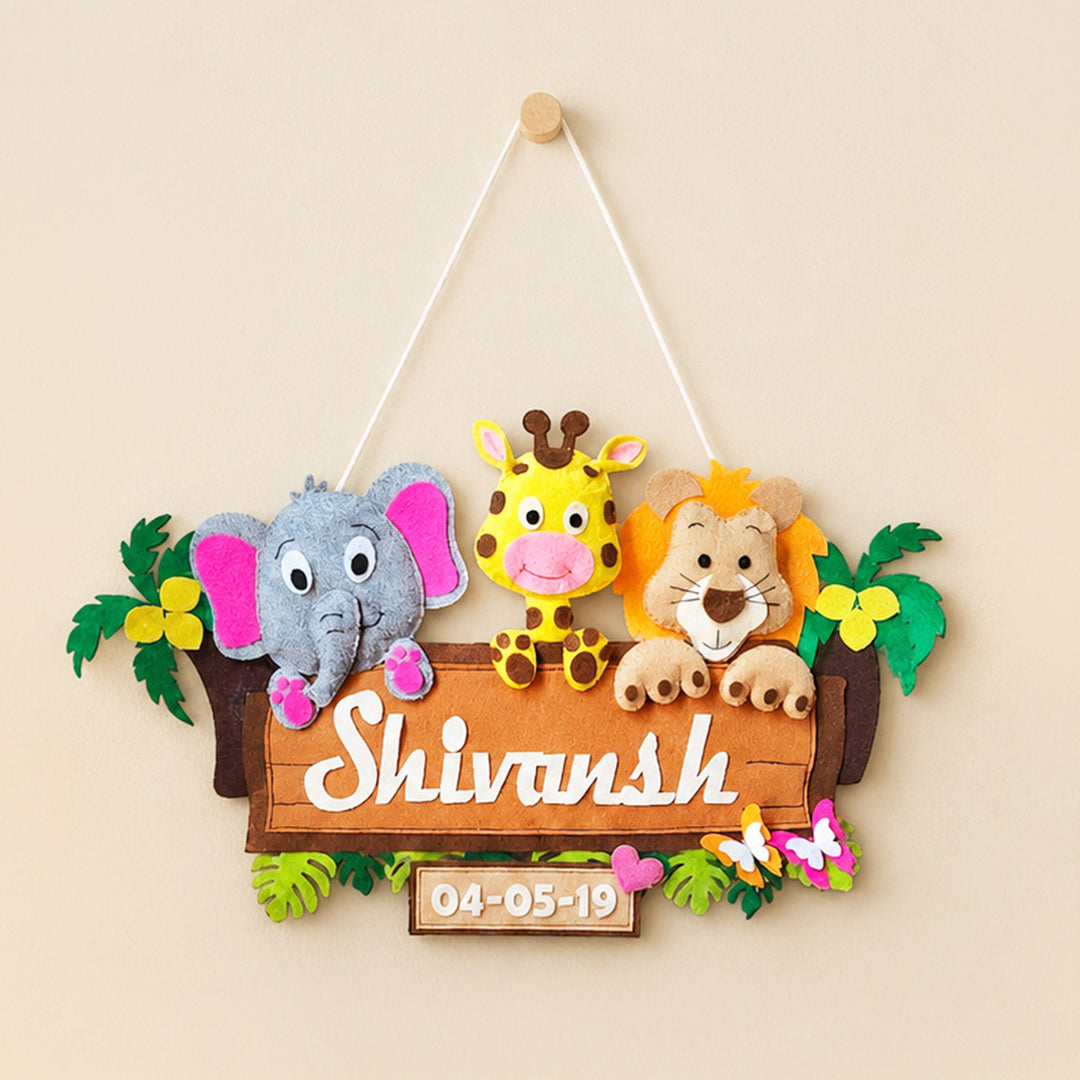 Personalised Jungle Safari Kids Felt Name Plate
