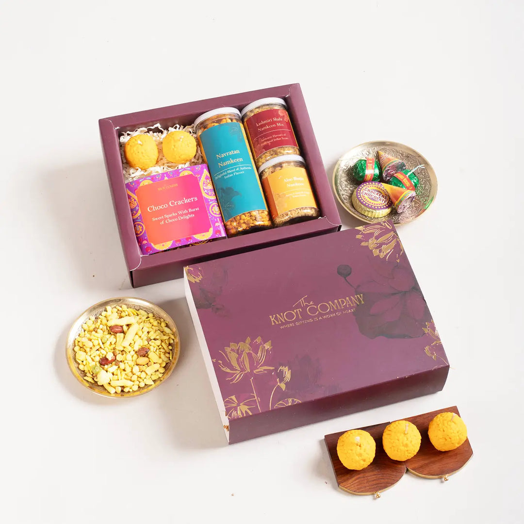 Diwali Corporate Gift Hamper | Includes 1 Navrattan Namkeen, 1 Kashmiri Shahi, 1 Aloo Bhujia, 4 Cracker Chocolates, 2 Ladoo Candles, 1 Gift Box