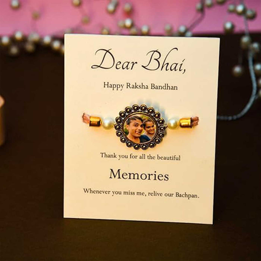 Photo Personalized Printed Beaded Memories Acrylic Rakhi - Bracelet mounted on greeting card display