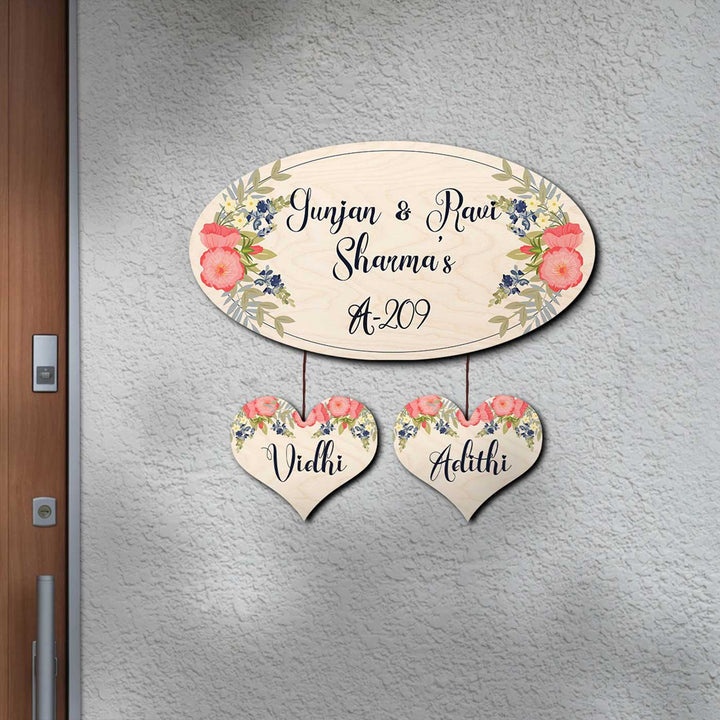Printed White Floral Wooden Oval Nameplate For Family