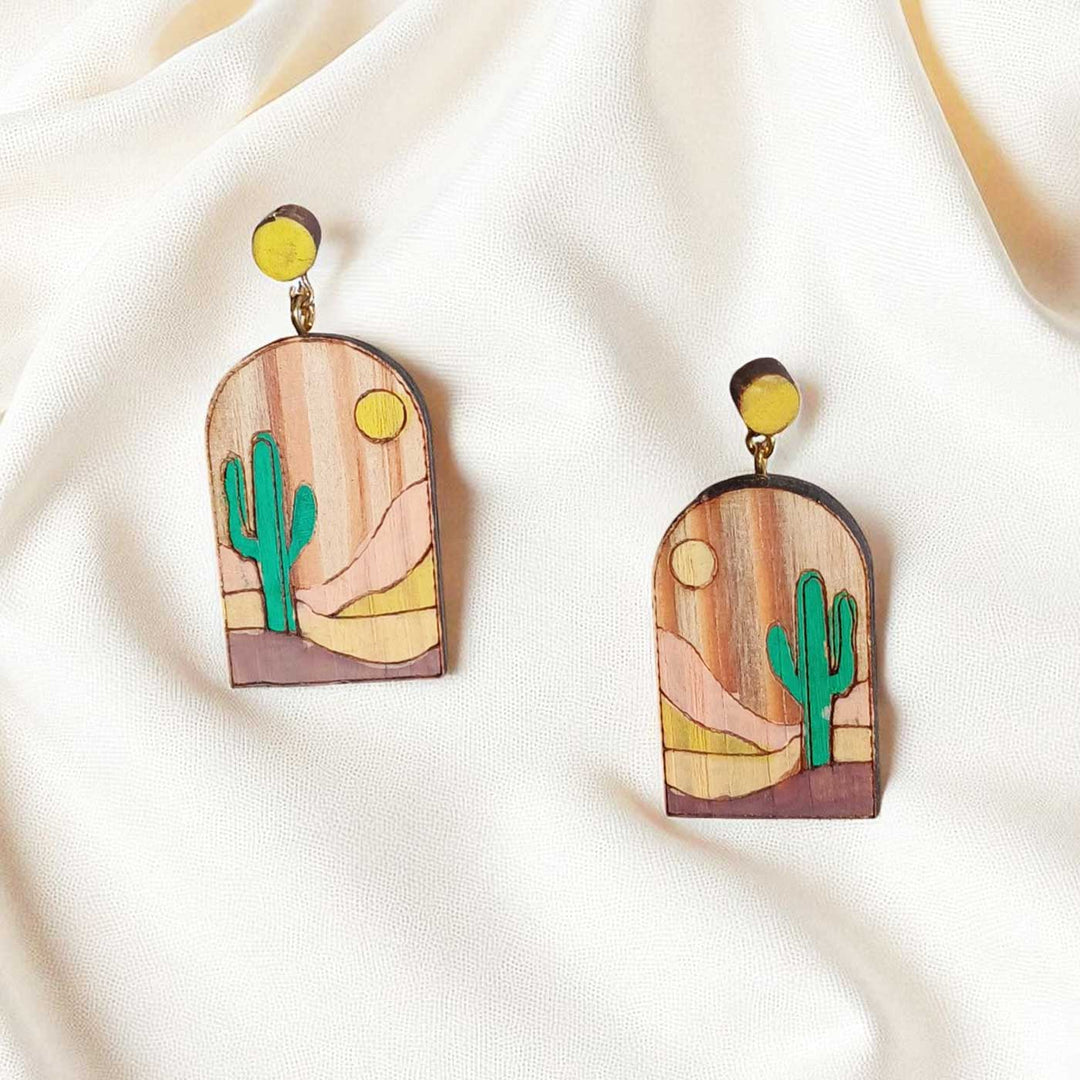 Handmade Cactus & Sun Design Wooden Earrings