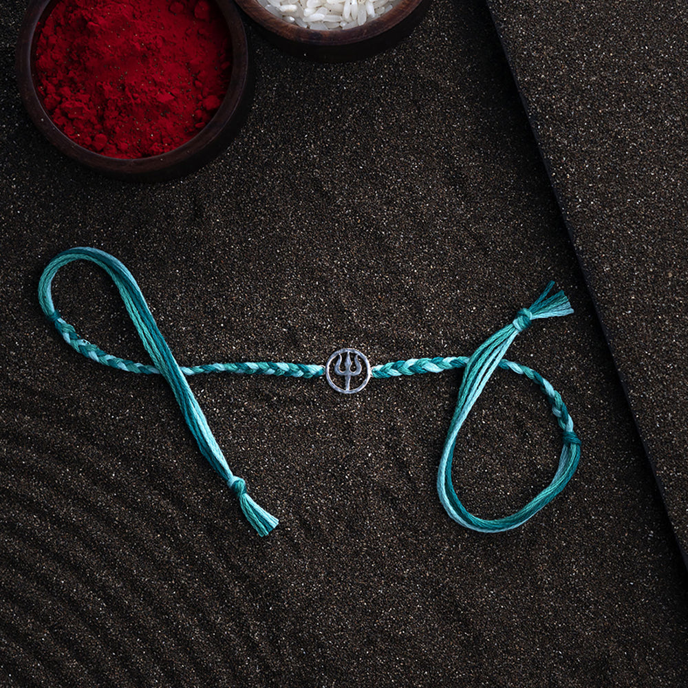 Handmade Shiv 925 Silver Rakhi With Roli Chawal For Brother - Flat Lay with Ritual Elements